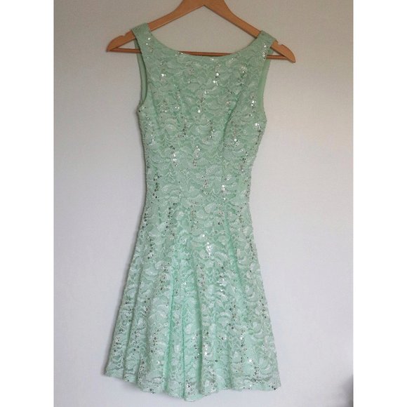 Mint Lace with Silver Sequin Details Fit and Flare Formal Dress - Picture 1 of 8